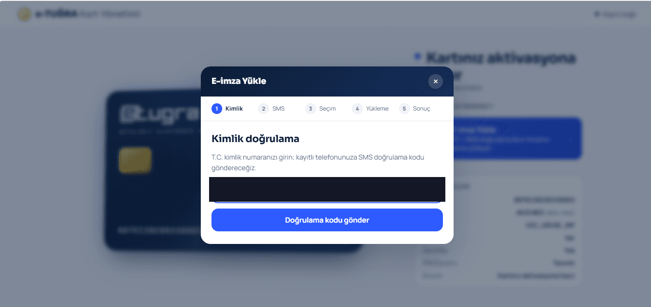 Kimlik doğrulama modalı: T.C. kimlik numarası girme alanı ve Doğrulama kodu gönder butonu (numara karartılmış)