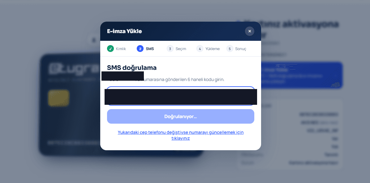 SMS doğrulama modalı: 6 haneli kod girişi (telefon numarası ve kod karartılmış)